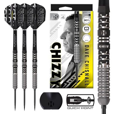 Harrows Jeu de fléchettes Chizzy 90 % tungstène série 4, pointe en acier avec système de pointe rapide, disponible en 22 g, 23 g, 24 g et 26 g avec outil Quick Point, tiges en carbone Supergrip noires - Publicité Harrows Jeu de fléchettes Chizzy 90 % tungstène série 4, pointe en acier avec système de pointe rapide, disponible en 22 g, 23 g, 24 g et 26 g avec outil Quick Point, tiges en carbone Supergrip noires - Publicité