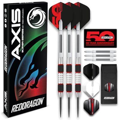 RED DRAGON Axis: 28g Blanc Tungstène Fléchettes Ensemble avec Vols, Arbres (tiges) et Portefeuille - Publicité RED DRAGON Axis: 28g Blanc Tungstène Fléchettes Ensemble avec Vols, Arbres (tiges) et Portefeuille - Publicité