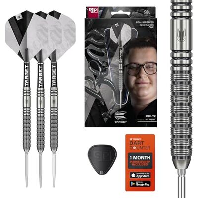 Target Darts Beau Greaves Jeu de Fléchettes à Pointe en Acier, 23G/25G Fléchettes 90% Tungstène, Tiges Pro Grip Ailettes Pro UItra N° 2, Pointes Swiss Points Silver Outil SP Inclus Édition Joueur - Publicité Target Darts Beau Greaves Jeu de Fléchettes à Pointe en Acier, 23G/25G Fléchettes 90% Tungstène, Tiges Pro Grip Ailettes Pro UItra N° 2, Pointes Swiss Points Silver Outil SP Inclus Édition Joueur - Publicité