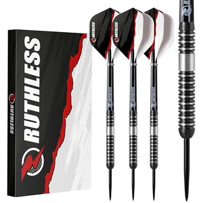 RUTHLESS Night Hawk Jeu de fléchettes professionnelles en tungstène avec pointe en acier 23 g et 25 g, avec ailettes et tiges (25 g) - Publicité RUTHLESS Night Hawk Jeu de fléchettes professionnelles en tungstène avec pointe en acier 23 g et 25 g, avec ailettes et tiges (25 g) - Publicité