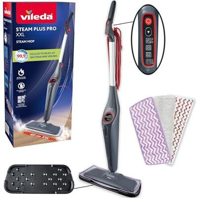 Vileda Steam Plus Pro XXL Nettoyeur vapeur, tue jusqu’à 99% des bactéries et des virus, parfait pour les sols délicats, avec 4 réglages de la vapeur, plateau de rangement inclus - Publicité Vileda Steam Plus Pro XXL Nettoyeur vapeur, tue jusqu’à 99% des bactéries et des virus, parfait pour les sols délicats, avec 4 réglages de la vapeur, plateau de rangement inclus - Publicité