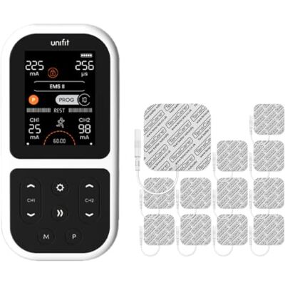 TensCare Unifit TENS/EMS + Pack 12 Électrodes 50 x 50 mm Programmes ciblés pour différents groupes musculaires, soulagement de la douleur et renforcement musculaire - Publicité TensCare Unifit TENS/EMS + Pack 12 Électrodes 50 x 50 mm Programmes ciblés pour différents groupes musculaires, soulagement de la douleur et renforcement musculaire - Publicité
