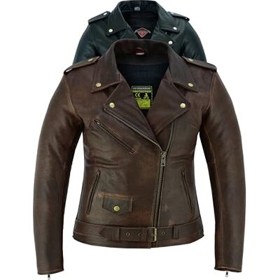 Texpeed Veste moto en cuir pour femme perfect Marlon Brando Veste de moto de tourisme avec protection véritable biker CE armor (EN 1621-1) Marron S - Publicité Texpeed Veste moto en cuir pour femme perfect Marlon Brando Veste de moto de tourisme avec protection véritable biker CE armor (EN 1621-1) Marron S - Publicité