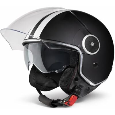Vinz Arenas Casque Jet avec Visière Solaire et Visière Casque de Scooter Moto / Vintage avec des Rayures Certifié ECE 22.06 Tailles XS-XXL Noir Mat - Publicité Vinz Arenas Casque Jet avec Visière Solaire et Visière Casque de Scooter Moto / Vintage avec des Rayures Certifié ECE 22.06 Tailles XS-XXL Noir Mat - Publicité