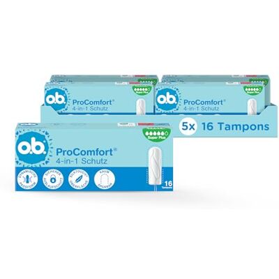 o.b. ProComfort Super Plus Lot de 5 paquets de 16 tampons de protection 4 en 1 avec pointe extra douce pour une insertion facile et jusqu'à 100% de protection contre les fuites Idéal pour le sport et - Publicité o.b. ProComfort Super Plus Lot de 5 paquets de 16 tampons de protection 4 en 1 avec pointe extra douce pour une insertion facile et jusqu'à 100% de protection contre les fuites Idéal pour le sport et - Publicité