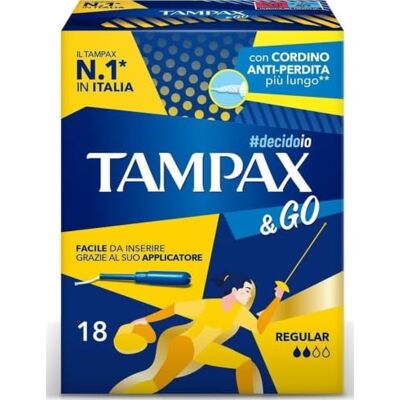 Tampax & Go Regular, 18 serviettes hygiéniques avec applicateur en Prise antidérapante et double cordon de protection, testé gynécologiquement, idéal pour un débit moyen - Publicité Tampax & Go Regular, 18 serviettes hygiéniques avec applicateur en Prise antidérapante et double cordon de protection, testé gynécologiquement, idéal pour un débit moyen - Publicité