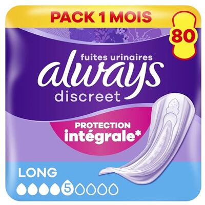 Always Discreet , 80 Serviettes Hygiéniques Incontinence Femme, Long 5 Gouttes, Protection Absorbante pour Fuites Urinaires Importantes, Pack 1 Mois - Publicité Always Discreet , 80 Serviettes Hygiéniques Incontinence Femme, Long 5 Gouttes, Protection Absorbante pour Fuites Urinaires Importantes, Pack 1 Mois - Publicité