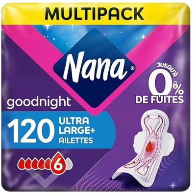 Nana Ultra Goodnight Large Serviettes Hygiéniques Avec Ailettes Flux Très Abondants 120 Serviettes En Pochette Individuelle - Publicité Nana Ultra Goodnight Large Serviettes Hygiéniques Avec Ailettes Flux Très Abondants 120 Serviettes En Pochette Individuelle - Publicité