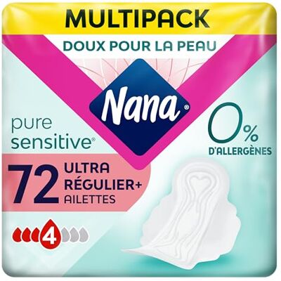 Nana Ultra Régulier Plus PureSensitive Serviettes hygiéniques avec ailettes Flux réguliers 72 serviettes en pochette individuelle - Publicité Nana Ultra Régulier Plus PureSensitive Serviettes hygiéniques avec ailettes Flux réguliers 72 serviettes en pochette individuelle - Publicité