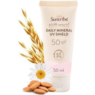 Suntribe Crème Solaire Minérale Bio UV Shield SPF 50 / 50 ml 100% naturelle, biologique, filtres UV minéraux sans nanoparticules, dry touch (non gras) – Invisible sur les peaux claires - Publicité Suntribe Crème Solaire Minérale Bio UV Shield SPF 50 / 50 ml 100% naturelle, biologique, filtres UV minéraux sans nanoparticules, dry touch (non gras) – Invisible sur les peaux claires - Publicité