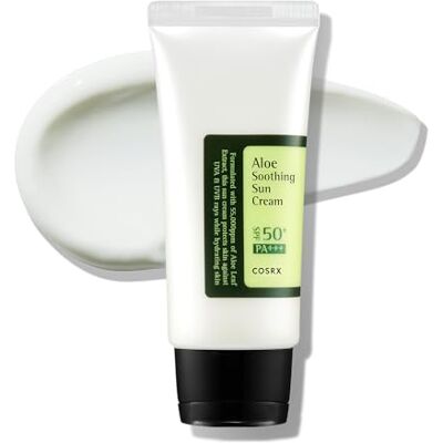 COSRX Aloe Soothing Sun Cream SPF 50 Crème solaire hydratante à l'aloe vera pour tous les types de peau, visage et corps Coréen - Publicité COSRX Aloe Soothing Sun Cream SPF 50 Crème solaire hydratante à l'aloe vera pour tous les types de peau, visage et corps Coréen - Publicité