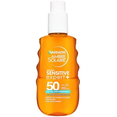 Garnier Ambre Solaire Sensitive Expert+ Eau Solaire Hydratante SPF50 200ml Bi-Phase, Acide hyaluronique, Visage Corps & Cheveux, Triple résistance Eau Sueur et Sable, Non gras, Cheveux doux, Parfum 8h - Publicité Garnier Ambre Solaire Sensitive Expert+ Eau Solaire Hydratante SPF50 200ml Bi-Phase, Acide hyaluronique, Visage Corps & Cheveux, Triple résistance Eau Sueur et Sable, Non gras, Cheveux doux, Parfum 8h - Publicité