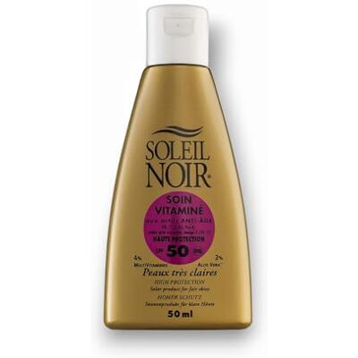 Soleil Noir Soin Vitaminé SPF 50 Haute Protection 3 Filtres UVA et UVB Peaux Claires Vitamines A, C, E, Aloé Vera Fabrication Française Flacon avec Capsule Service, 50 ml - Publicité Soleil Noir Soin Vitaminé SPF 50 Haute Protection 3 Filtres UVA et UVB Peaux Claires Vitamines A, C, E, Aloé Vera Fabrication Française Flacon avec Capsule Service, 50 ml - Publicité