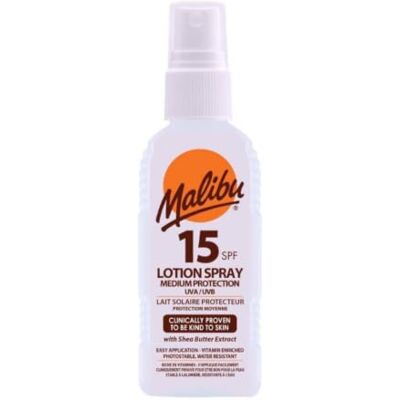 Malibu Sun Lotion en spray SPF 15, crème solaire de protection moyenne, résistante à l'eau, enrichie en vitamines, à l'extrait de beurre de karité, 100 ml - Publicité Malibu Sun Lotion en spray SPF 15, crème solaire de protection moyenne, résistante à l'eau, enrichie en vitamines, à l'extrait de beurre de karité, 100 ml - Publicité