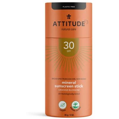 ATTITUDE Crème Solaire Minéral Solide, SPF 30, Ingrédients à base de Plantes et de Minéraux, Végane, Sans Plastique, Fleur d'Oranger, 85 g - Publicité ATTITUDE Crème Solaire Minéral Solide, SPF 30, Ingrédients à base de Plantes et de Minéraux, Végane, Sans Plastique, Fleur d'Oranger, 85 g - Publicité