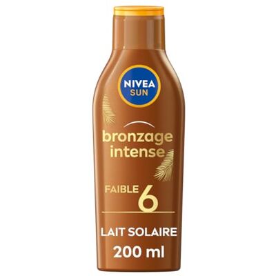 NIVEA SUN Bronzage Intense Lait activateur de bronzage FPS6 (1 x 200 ml), Protection solaire résistante à l’eau, Crème solaire à la formule légère et non-grasse - Publicité NIVEA SUN Bronzage Intense Lait activateur de bronzage FPS6 (1 x 200 ml), Protection solaire résistante à l’eau, Crème solaire à la formule légère et non-grasse - Publicité