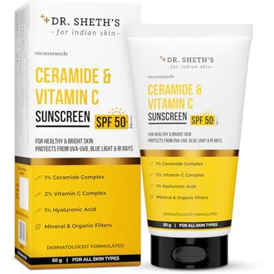 Dr. Sheth's Crème solaire aux céramides et vitamine C SPF 50+ PA+++ Routine en une étape pour l'été Pour homme et femme Protection solaire UVA et UVB 50 g - Publicité Dr. Sheth's Crème solaire aux céramides et vitamine C SPF 50+ PA+++ Routine en une étape pour l'été Pour homme et femme Protection solaire UVA et UVB 50 g - Publicité