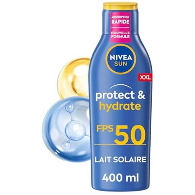 NIVEA SUN Lait Solaire Protect & Hydrate SPF 50+ 400 ml Crème Solaire résistante à l'eau Protège et Hydrate Format XXL Haute Protection Visage et Corps - Publicité NIVEA SUN Lait Solaire Protect & Hydrate SPF 50+ 400 ml Crème Solaire résistante à l'eau Protège et Hydrate Format XXL Haute Protection Visage et Corps - Publicité