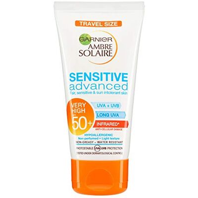 Ambre Solaire Sensitive Advanced de Garnier Sensitive Expert+ Lait protecteur FPS 50+ 50ml - Publicité Ambre Solaire Sensitive Advanced de Garnier Sensitive Expert+ Lait protecteur FPS 50+ 50ml - Publicité