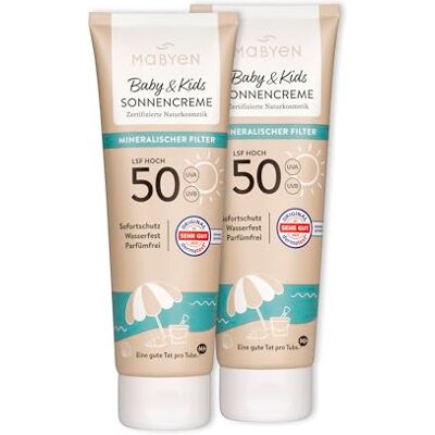 Mabyen Crème solaire 100% minérale pour bébés et enfants SPF 50, lot de 2 x 100 ml –avec filtre minéral UVA/UVB– résistante à l'eau, cosmétique naturel sans parfum, vegan - Publicité Mabyen Crème solaire 100% minérale pour bébés et enfants SPF 50, lot de 2 x 100 ml –avec filtre minéral UVA/UVB– résistante à l'eau, cosmétique naturel sans parfum, vegan - Publicité