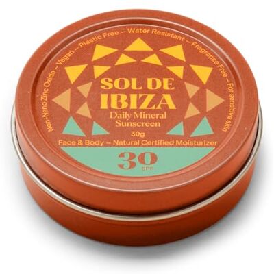 Sol de Ibiza Protection Solaire Naturelle SPF30 Visage & Corps 100% naturel Resistant à l'eau Sans plastique Sans produits chimiques NOUVELLE TEXTURE CRÉMEUSE (30g) - Publicité Sol de Ibiza Protection Solaire Naturelle SPF30 Visage & Corps 100% naturel Resistant à l'eau Sans plastique Sans produits chimiques NOUVELLE TEXTURE CRÉMEUSE (30g) - Publicité