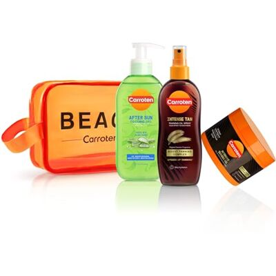 Carroten Set de 3 Soins Solaires Kit Bronzant avec Intensive Tanning Gel 150 ml, Intensive Tanning Oil 150 ml et After Sun Cooling Gel 200 ml, y compris Sac de Toilette - Publicité Carroten Set de 3 Soins Solaires Kit Bronzant avec Intensive Tanning Gel 150 ml, Intensive Tanning Oil 150 ml et After Sun Cooling Gel 200 ml, y compris Sac de Toilette - Publicité