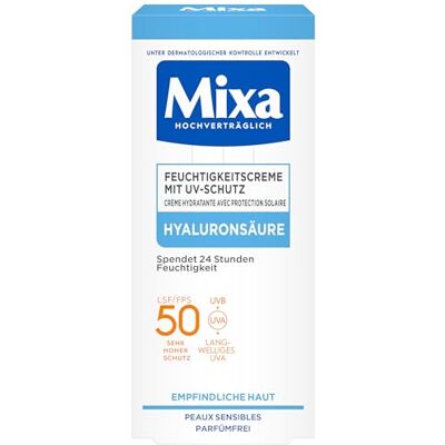 Mixa Soin hydratant UV 50 pour peaux sensibles, protection contre les UVB + UVA + Long UVA, SPF 50, avec acide hyaluronique, convient pour le visage et le cou, hypoallergénique, 50 ml - Publicité Mixa Soin hydratant UV 50 pour peaux sensibles, protection contre les UVB + UVA + Long UVA, SPF 50, avec acide hyaluronique, convient pour le visage et le cou, hypoallergénique, 50 ml - Publicité