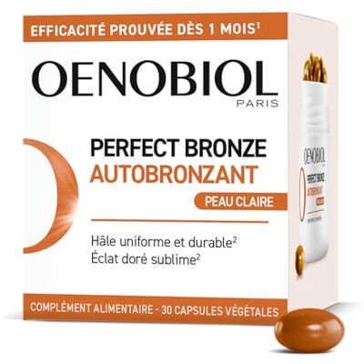 Oenobiol Perfect Bronze Peau Claire Programme 1 mois Efficace dès le 1er mois sans soleil 5 pigments 100% d'origine végétale Complément alimentaire 30 capsules - Publicité Oenobiol Perfect Bronze Peau Claire Programme 1 mois Efficace dès le 1er mois sans soleil 5 pigments 100% d'origine végétale Complément alimentaire 30 capsules - Publicité