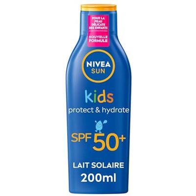 NIVEA SUN Lait Solaire Protect & Hydrate Kids SPF 50+ 200 ml Crème Solaire résistante à l'eau Haute Protection Visage et Corps pour la peau délicate des Enfants - Publicité NIVEA SUN Lait Solaire Protect & Hydrate Kids SPF 50+ 200 ml Crème Solaire résistante à l'eau Haute Protection Visage et Corps pour la peau délicate des Enfants - Publicité