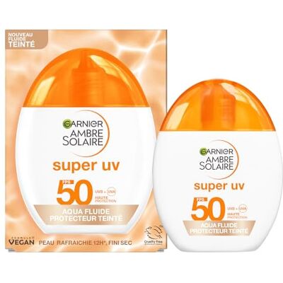 Garnier Ambre Solaire Acide Hyaluronique Aqua Fluide Teinté SPF50 Fluide Solaire Teinté Unifie, Protège, Lisse et Hydrate Légère et Non Grasse Tous Types de Peaux 40 ml - Publicité Garnier Ambre Solaire Acide Hyaluronique Aqua Fluide Teinté SPF50 Fluide Solaire Teinté Unifie, Protège, Lisse et Hydrate Légère et Non Grasse Tous Types de Peaux 40 ml - Publicité