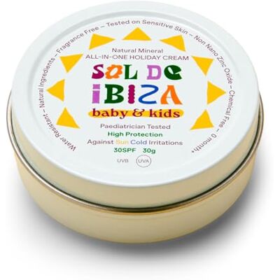 Sol de Ibiza Protection Solaire Naturelle SPF30 Visage & Corps 100% naturel Resistant à l'eau Sans plastique Respecte les fonds marins Sans produits chimiques Baby and Kids (30 gr) - Publicité Sol de Ibiza Protection Solaire Naturelle SPF30 Visage & Corps 100% naturel Resistant à l'eau Sans plastique Respecte les fonds marins Sans produits chimiques Baby and Kids (30 gr) - Publicité