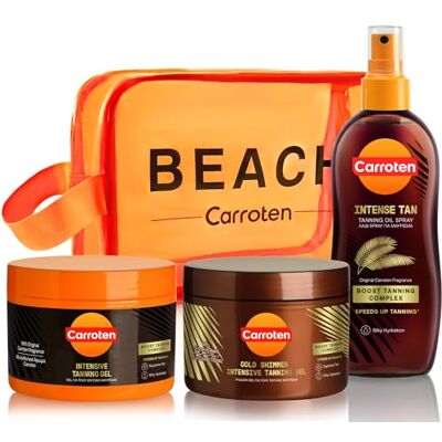 Carroten Set de 3 Accélérateurs de Bronzage Kit Bronzant avec Gold Tanning Gel et Intensive Tanning Gel 150 ml, et Intensive Tan Oil 150 ml, y compris Sac de Toilette - Publicité Carroten Set de 3 Accélérateurs de Bronzage Kit Bronzant avec Gold Tanning Gel et Intensive Tanning Gel 150 ml, et Intensive Tan Oil 150 ml, y compris Sac de Toilette - Publicité