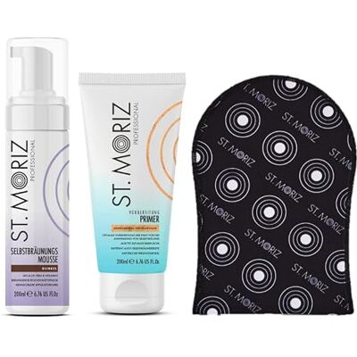 ST. MORIZ Kit professionnel : mousse 200 ml + apprêt 200 ml + gant applicateur 1 pièce (foncé) - Publicité ST. MORIZ Kit professionnel : mousse 200 ml + apprêt 200 ml + gant applicateur 1 pièce (foncé) - Publicité