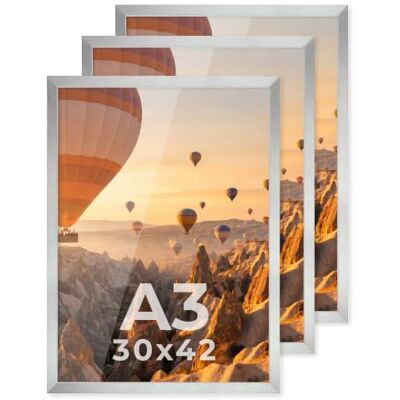 PHOTOLINI Cadre A3 30 x 42 bois MDF argenté, lot de 3 cadres photo pour posters et affiches, verre acrylique incassable, décoration murale à suspendre, avec accessoires supplémentaires - Publicité PHOTOLINI Cadre A3 30 x 42 bois MDF argenté, lot de 3 cadres photo pour posters et affiches, verre acrylique incassable, décoration murale à suspendre, avec accessoires supplémentaires - Publicité