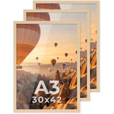 PHOTOLINI Cadre A3 30 x 42 bois MDF naturel, lot de 3 cadres photo pour posters et affiches, verre acrylique incassable, décoration murale à suspendre, avec accessoires supplémentaires - Publicité PHOTOLINI Cadre A3 30 x 42 bois MDF naturel, lot de 3 cadres photo pour posters et affiches, verre acrylique incassable, décoration murale à suspendre, avec accessoires supplémentaires - Publicité