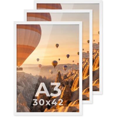 PHOTOLINI Cadre A3 30 x 42 bois MDF blanc, lot de 3 cadres photo pour posters et affiches, verre acrylique incassable, décoration murale à suspendre, avec accessoires supplémentaires - Publicité PHOTOLINI Cadre A3 30 x 42 bois MDF blanc, lot de 3 cadres photo pour posters et affiches, verre acrylique incassable, décoration murale à suspendre, avec accessoires supplémentaires - Publicité