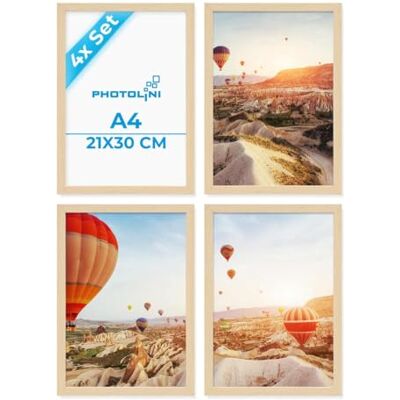 PHOTOLINI Cadre A4 21 x 30 bois MDF naturel, lot de 4 cadres photo pour posters et affiches, verre acrylique incassable, décoration murale à suspendre & à poser, avec accessoires supplémentaires - Publicité PHOTOLINI Cadre A4 21 x 30 bois MDF naturel, lot de 4 cadres photo pour posters et affiches, verre acrylique incassable, décoration murale à suspendre & à poser, avec accessoires supplémentaires - Publicité