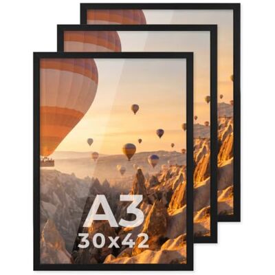 PHOTOLINI Cadre A3 30 x 42 bois MDF noir, lot de 3 cadres photo pour posters et affiches, verre acrylique incassable, décoration murale à suspendre, avec accessoires supplémentaires - Publicité PHOTOLINI Cadre A3 30 x 42 bois MDF noir, lot de 3 cadres photo pour posters et affiches, verre acrylique incassable, décoration murale à suspendre, avec accessoires supplémentaires - Publicité