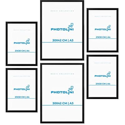 PHOTOLINI Cadre bois MDF noir, lot de 6 cadres photo pour posters et affiches No.7, verre acrylique incassable, décoration murale à suspendre, accessoires supplémentaires - Publicité PHOTOLINI Cadre bois MDF noir, lot de 6 cadres photo pour posters et affiches No.7, verre acrylique incassable, décoration murale à suspendre, accessoires supplémentaires - Publicité