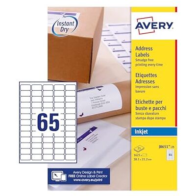 Avery 1 625 mini étiquettes 38,1 x 21,2 mm Jet d'encre J8651-25 - Publicité Avery 1 625 mini étiquettes 38,1 x 21,2 mm Jet d'encre J8651-25 - Publicité