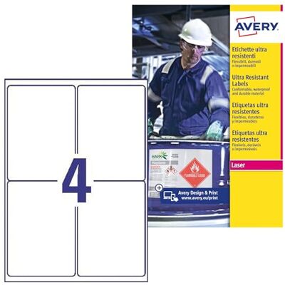 Avery 200 Étiquettes Ultra-Resistantes Conditions Extrêmes Polyéthylène Personnalisables Format 99 x 139 mm Impression Laser et Jet d'Encre - Publicité Avery 200 Étiquettes Ultra-Resistantes Conditions Extrêmes Polyéthylène Personnalisables Format 99 x 139 mm Impression Laser et Jet d'Encre - Publicité