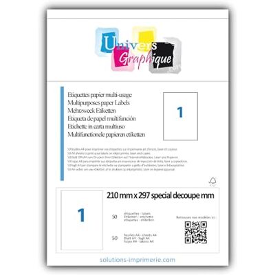 UNIVERS GRAPHIQUE 50 EX Papier adhésif blanc A4 autocollant SPECIAL DECOUPE : une feuille adhésive pour créer et imprimer vos propres étiquettes et les découper au format que vous voulez - Publicité UNIVERS GRAPHIQUE 50 EX Papier adhésif blanc A4 autocollant SPECIAL DECOUPE : une feuille adhésive pour créer et imprimer vos propres étiquettes et les découper au format que vous voulez - Publicité