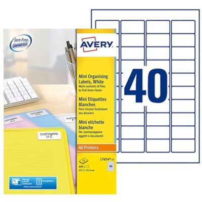 Avery 600 Mini Etiquettes blanches Impression Laser (L7654), Standard, 45,7 x 25,4 mm - Publicité Avery 600 Mini Etiquettes blanches Impression Laser (L7654), Standard, 45,7 x 25,4 mm - Publicité