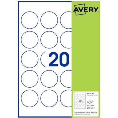 Avery 200 étiquettes recyclées blanches Ø45mm Rondes - Publicité Avery 200 étiquettes recyclées blanches Ø45mm Rondes - Publicité