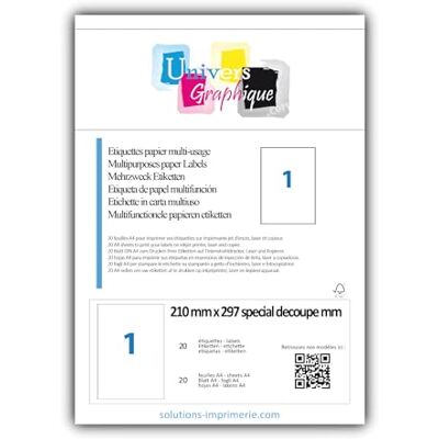UNIVERS GRAPHIQUE 20 EX Papier adhésif blanc A4 autocollant SPECIAL DECOUPE : une feuille adhésive pour créer et imprimer vos propres étiquettes et les découper au format que vous voulez - Publicité UNIVERS GRAPHIQUE 20 EX Papier adhésif blanc A4 autocollant SPECIAL DECOUPE : une feuille adhésive pour créer et imprimer vos propres étiquettes et les découper au format que vous voulez - Publicité