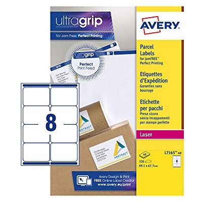 Avery Étiquettes Autocollantes Blanches, 320 Pièces, L7165-40, 99,1 x 67,7 mm, Papier A4, Feuille A4, Pour Imprimantes Laser, Anti-Bourrage, FSC Certifiées, Pour adressage et expédition - Publicité Avery Étiquettes Autocollantes Blanches, 320 Pièces, L7165-40, 99,1 x 67,7 mm, Papier A4, Feuille A4, Pour Imprimantes Laser, Anti-Bourrage, FSC Certifiées, Pour adressage et expédition - Publicité
