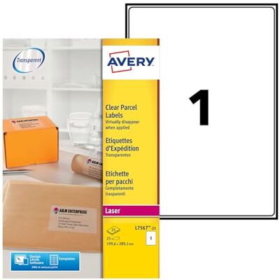 Avery L7567-25 Pochette de 25 Étiquettes Transparentes Autocollantes, Format 210 x 297 mm, Impression laser - Publicité Avery L7567-25 Pochette de 25 Étiquettes Transparentes Autocollantes, Format 210 x 297 mm, Impression laser - Publicité
