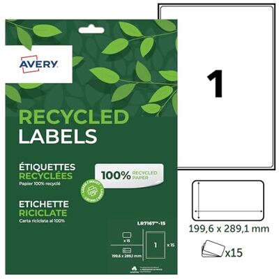 Avery Pochette de 15 étiquettes 100% recyclées autocollantes. Personnalisables et imprimables. Format 199,6 x 289,1mm. Impression laser et jet d'encre. (LR7167-15) - Publicité Avery Pochette de 15 étiquettes 100% recyclées autocollantes. Personnalisables et imprimables. Format 199,6 x 289,1mm. Impression laser et jet d'encre. (LR7167-15) - Publicité