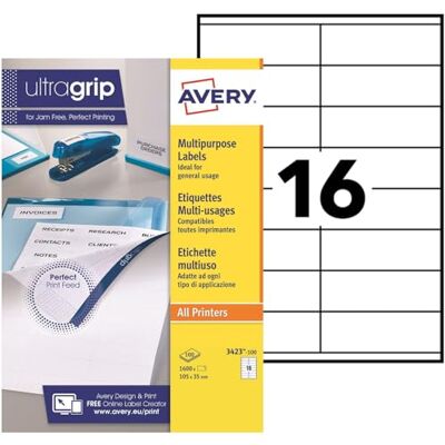 Avery Pochette de 1600 étiquettes UltraGrip autocollantes. Personnalisables et imprimables. Format 105 x 35mm. Impression laser, jet d'encre, copieur. (3423-100) - Publicité Avery Pochette de 1600 étiquettes UltraGrip autocollantes. Personnalisables et imprimables. Format 105 x 35mm. Impression laser, jet d'encre, copieur. (3423-100) - Publicité
