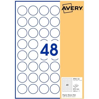 Avery 480 étiquettes blanches 30mm Rondes - Publicité Avery 480 étiquettes blanches 30mm Rondes - Publicité